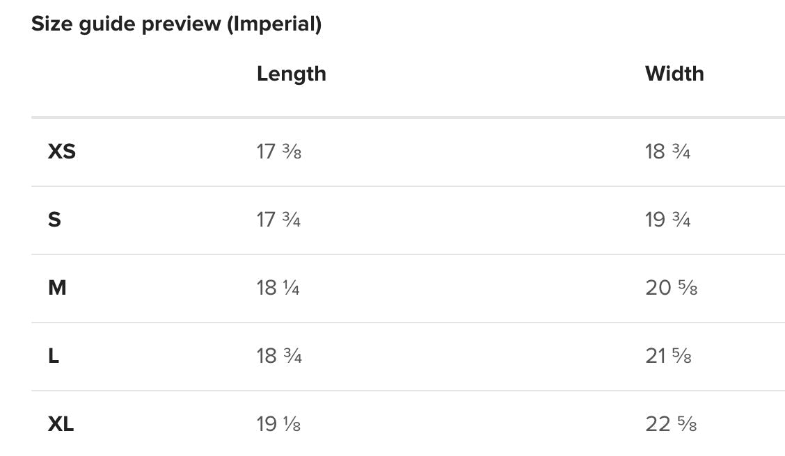 Size guide preview for clothing measurements in imperial units