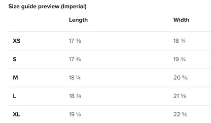 Size guide preview for clothing measurements in imperial units