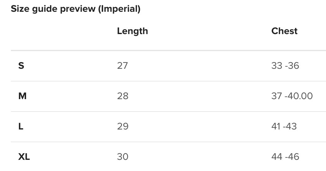 Size guide preview for clothing with imperial measurements